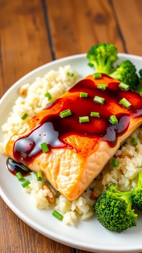 Air Fryer Soy Sauce Salmon Recipe Air fryer salmon fillet glazed with soy sauce, garnished with green onions, served with broccoli and rice on a rustic table.